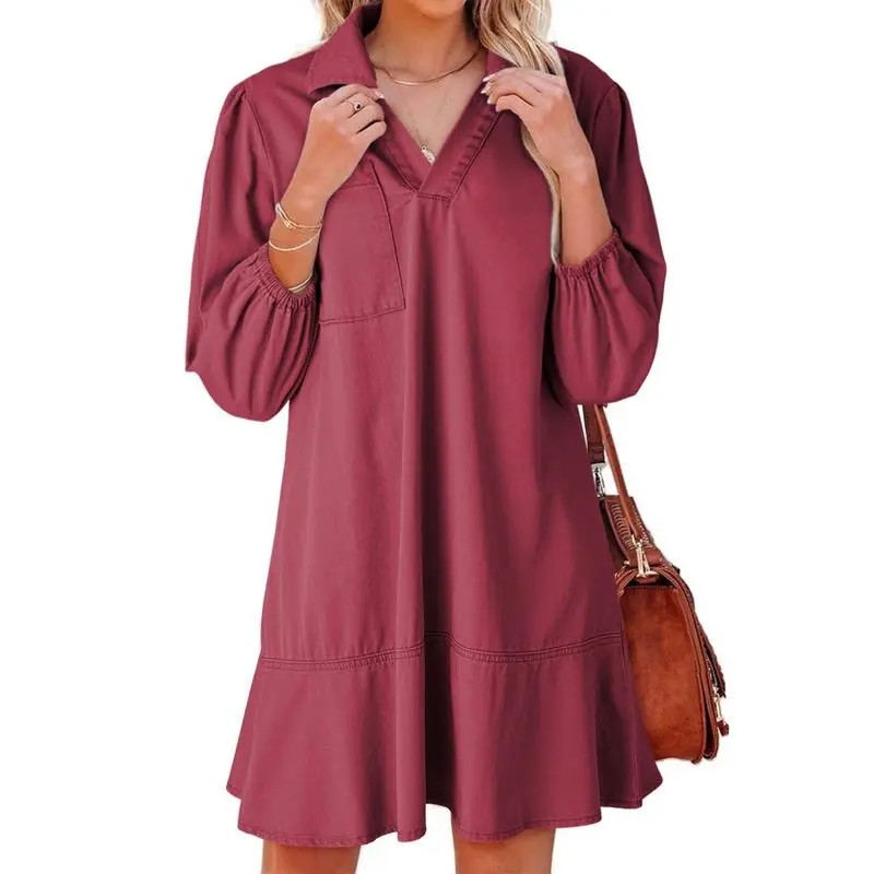 Women Fashion Fall Casual Babydoll 2025 V Neck 3/4 Puff Sleeve Jean Dresses