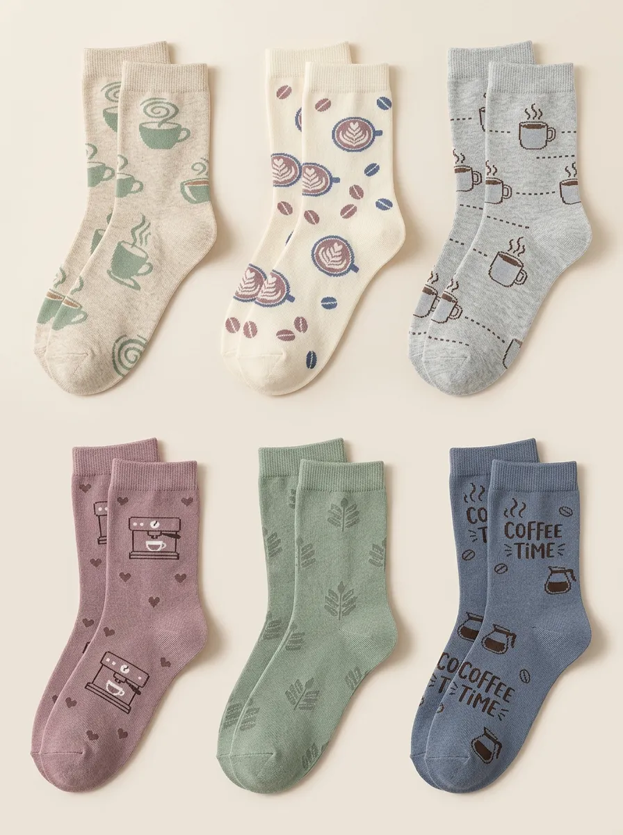 Women's Coffee Bean Graphic Crew Socks Six Pair Set