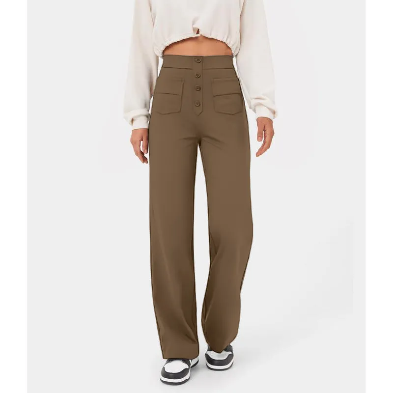 High Waisted Pockets Straight Leg Casual Pants