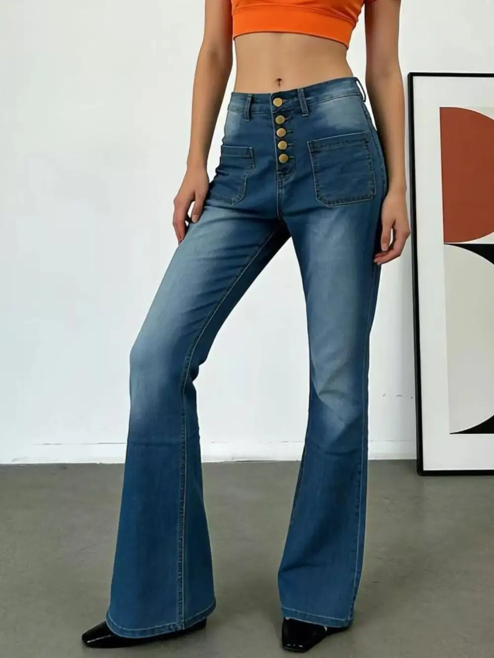 Versatile High Waist Flare Leg Button Denim Jeans