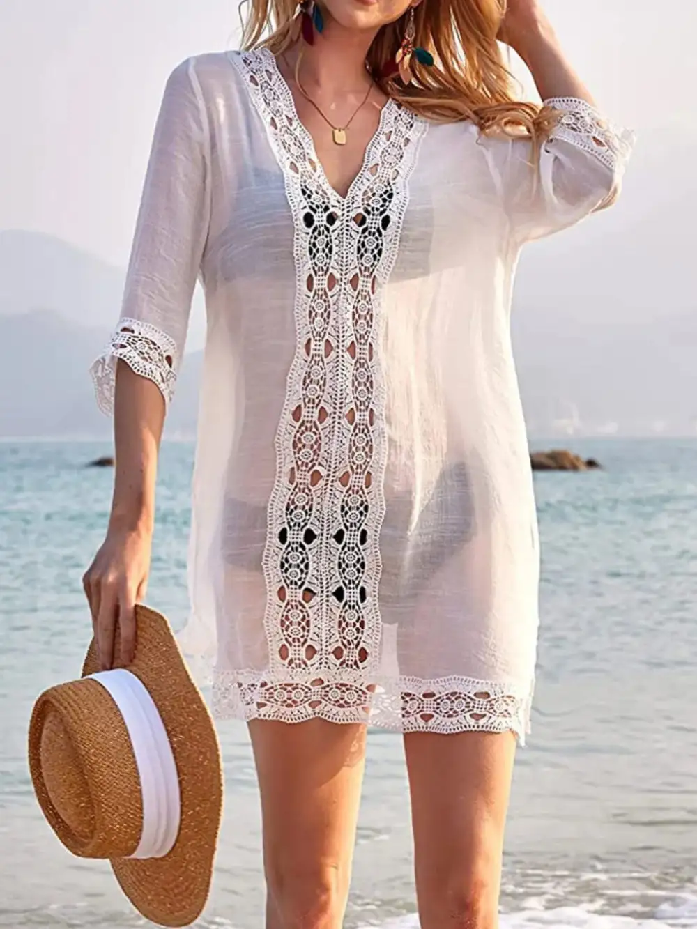Lace Trim V Neck Swim Cover Up