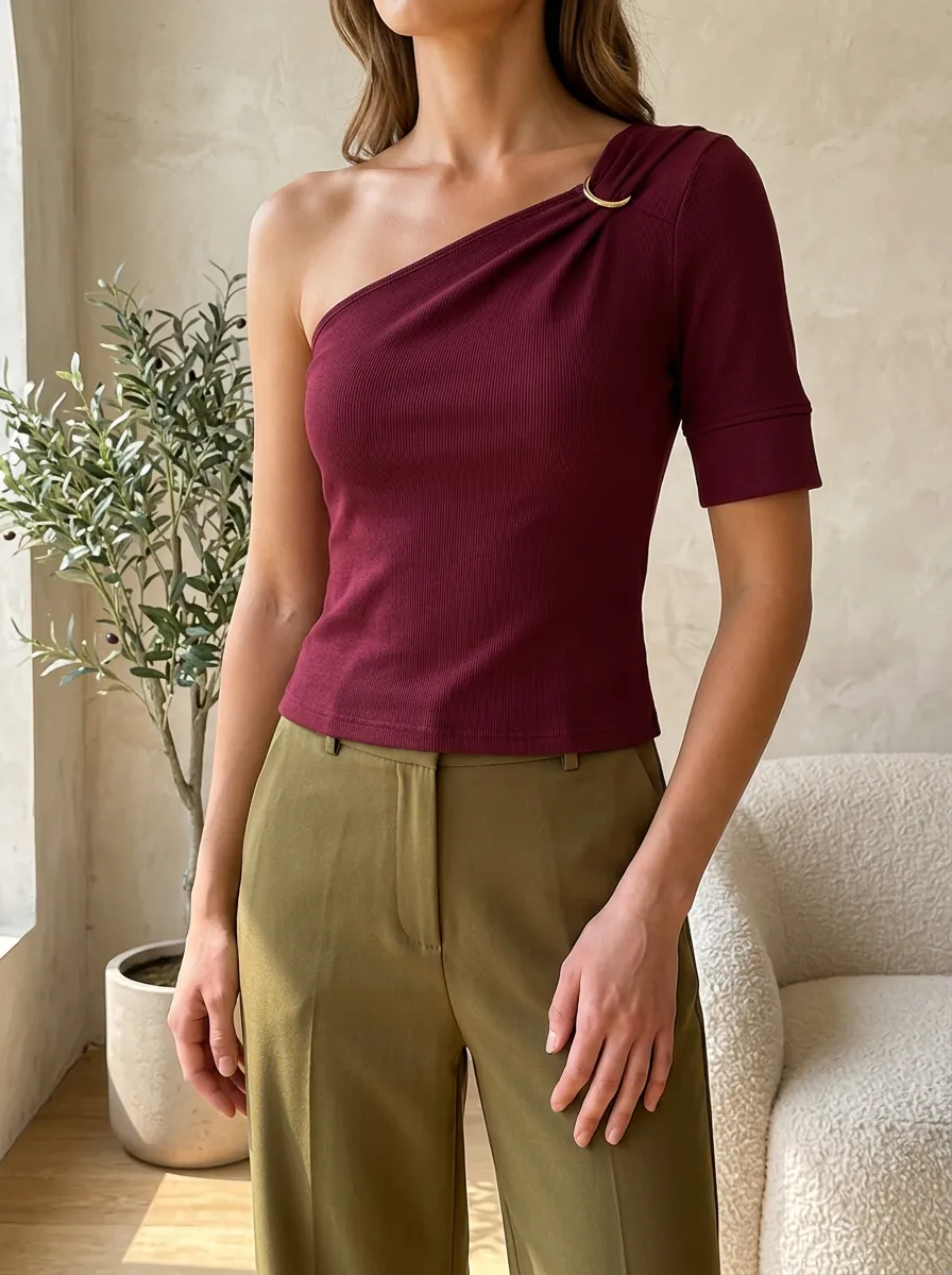 Women's Burgundy Ribbed One-Shoulder Ring Detail Top