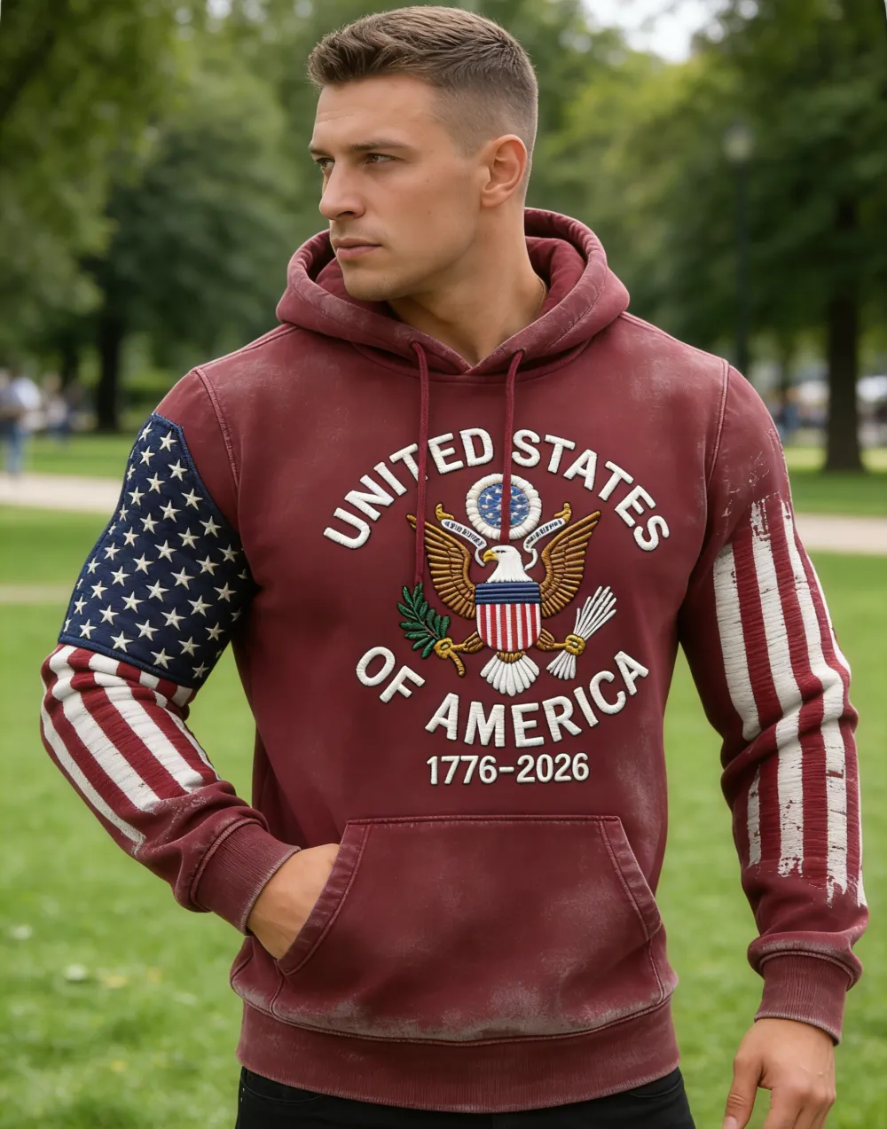 USA 250Th Anniversary ✦ Final Clearance Sale UNITED STATES OF AMERICA Embroidery Pattern Patchwork Hooded Sweatshirt