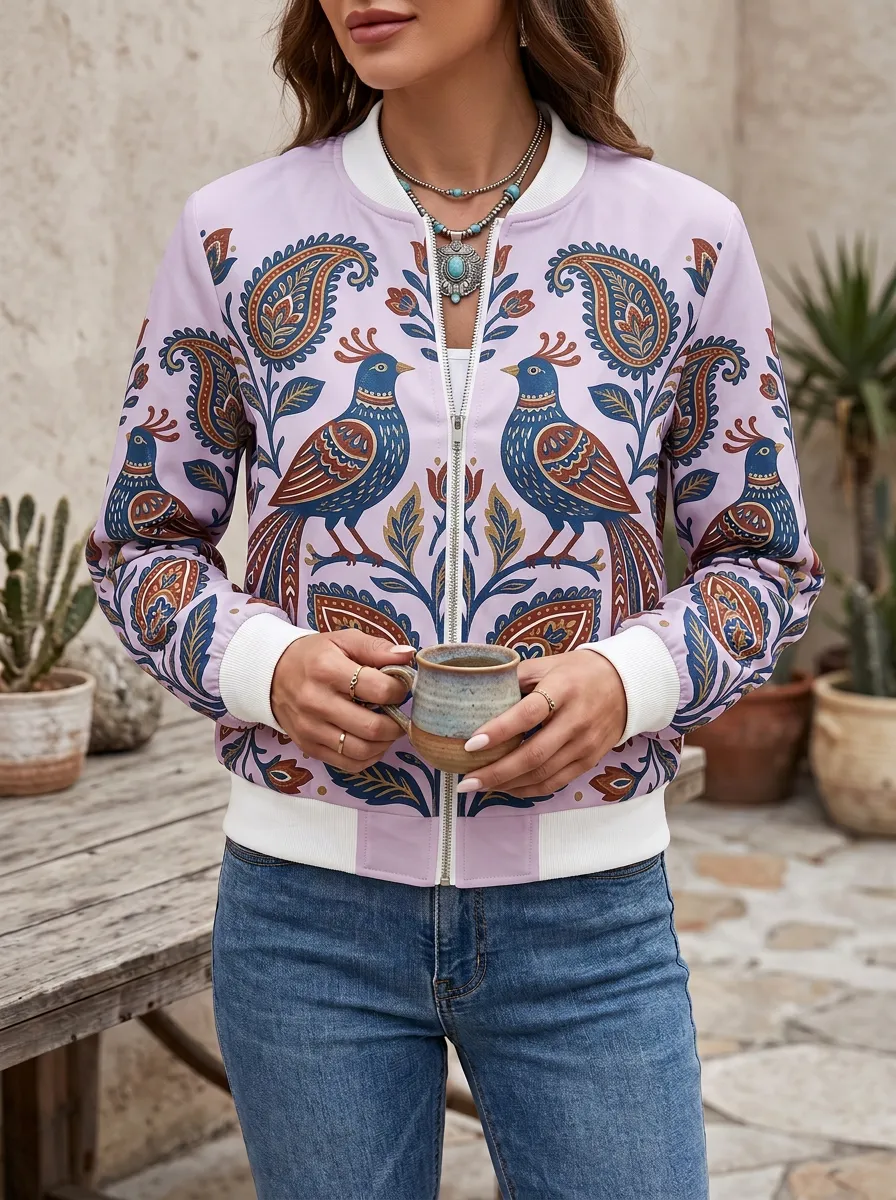 Boho Peacock Paisley Bomber Everyday Apparel