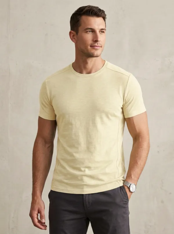Minimal Ribbed Textured Crew Neck Detail Men's Slim Fit Short Sleeve T-Shirt