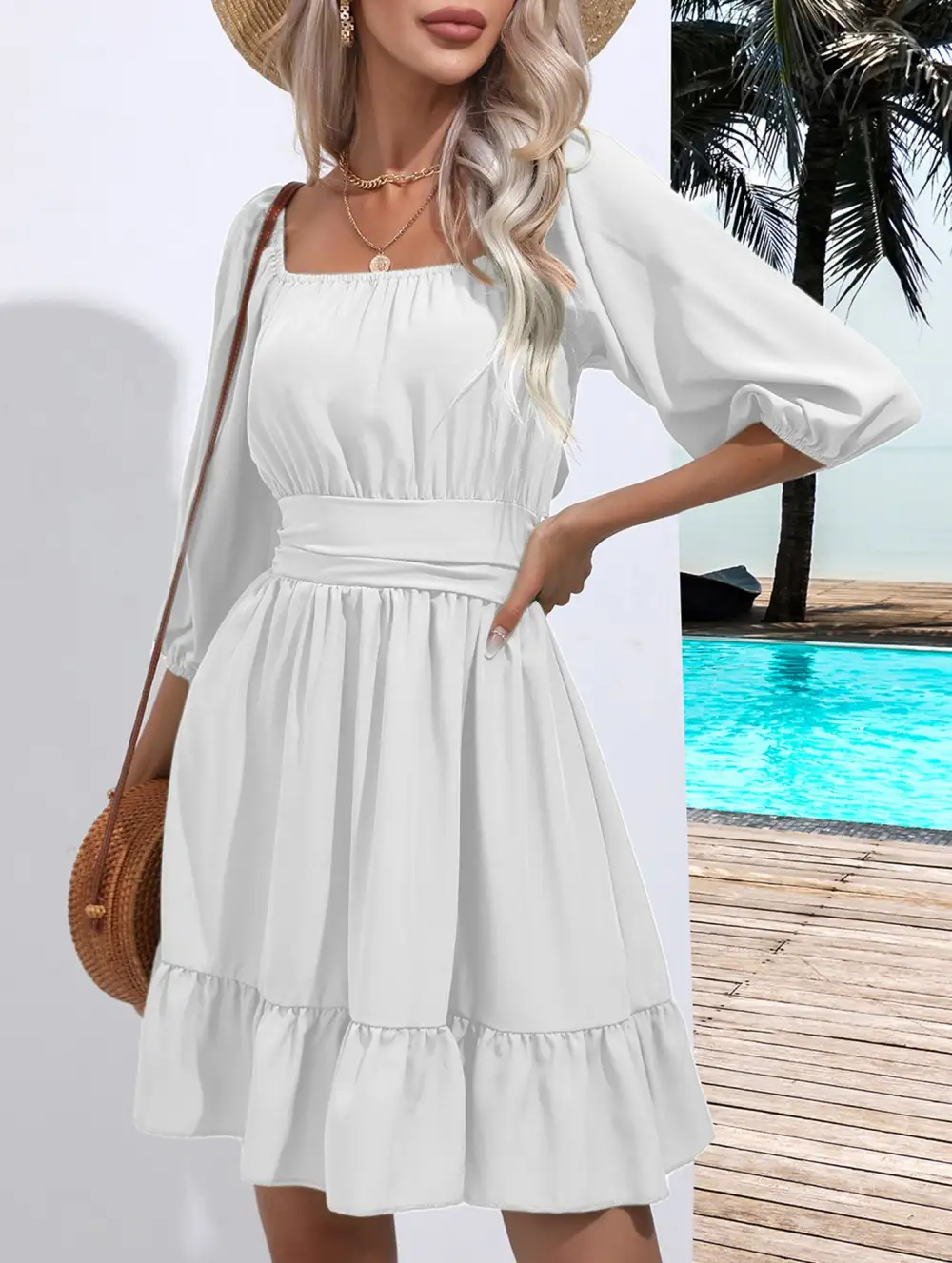 Square Neckline Ruffled Tie Up Short Dress