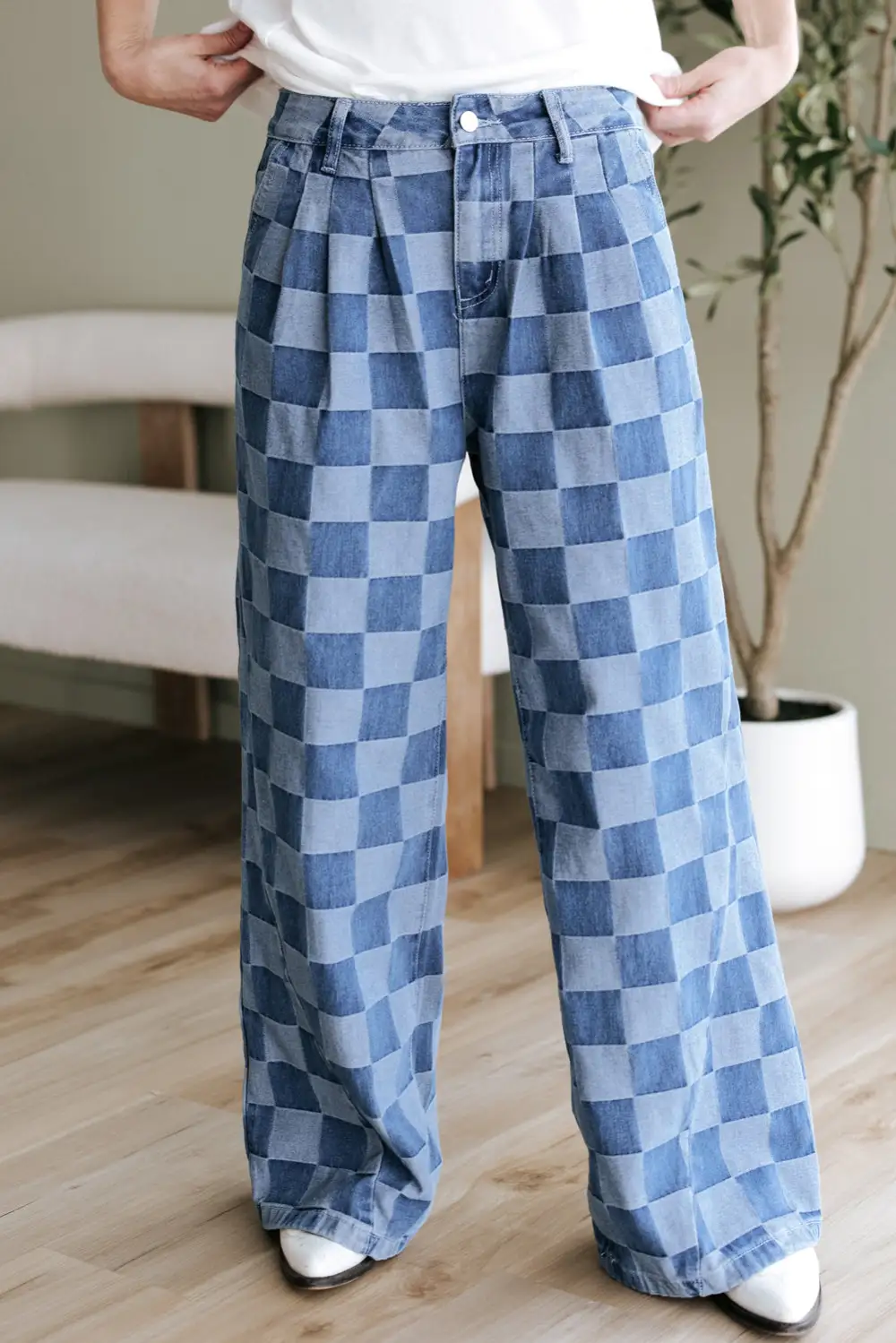 Checkered Denim Wide Leg Jeans