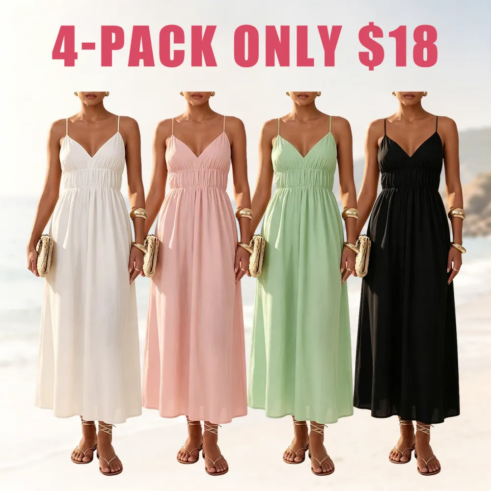 Women's Deep V-Neck Sleeveless Spaghetti Strap Ruched Flowy Maxi Sundress
