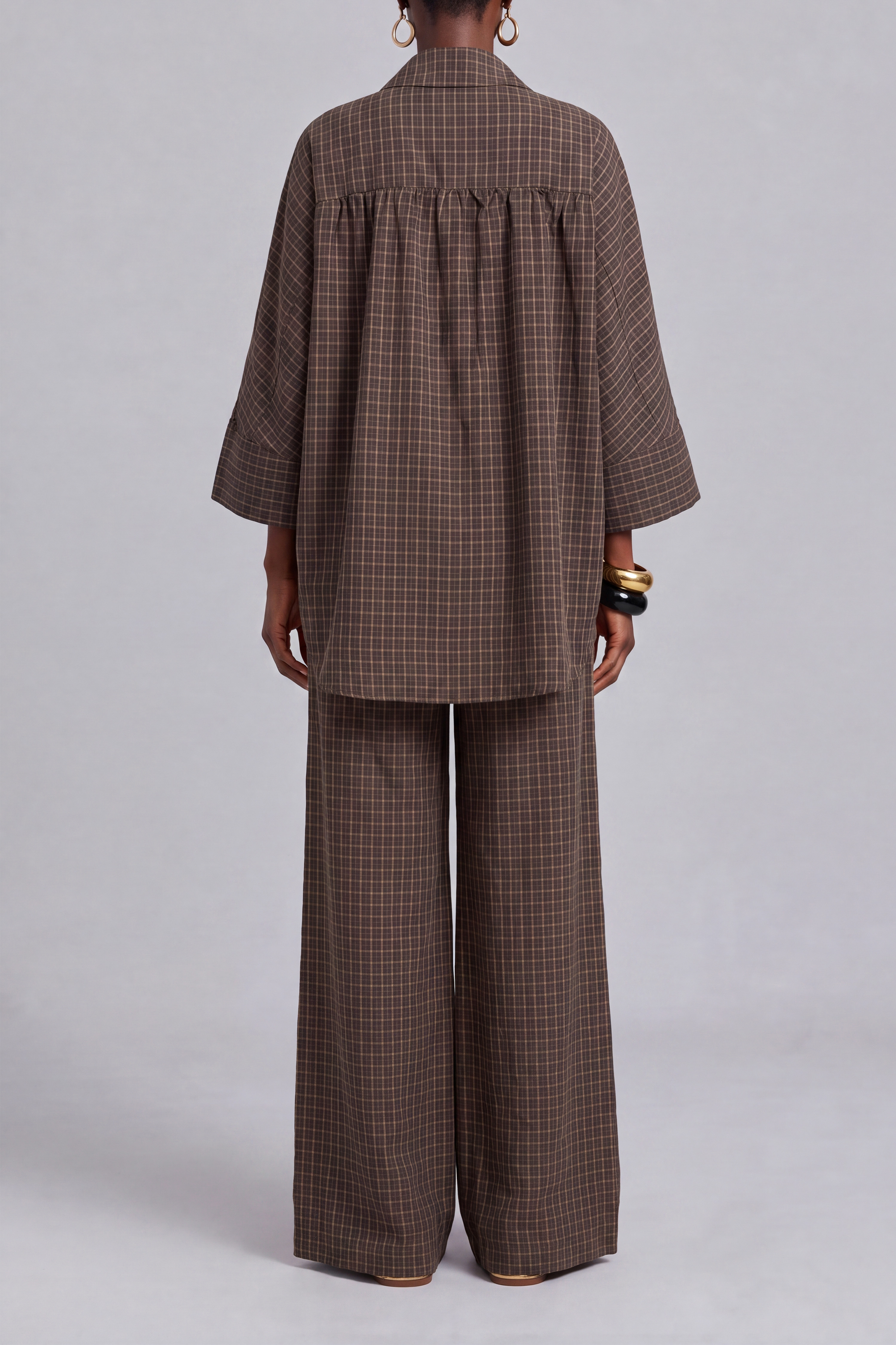V Neck Button Front Plaid Matching Pants Set