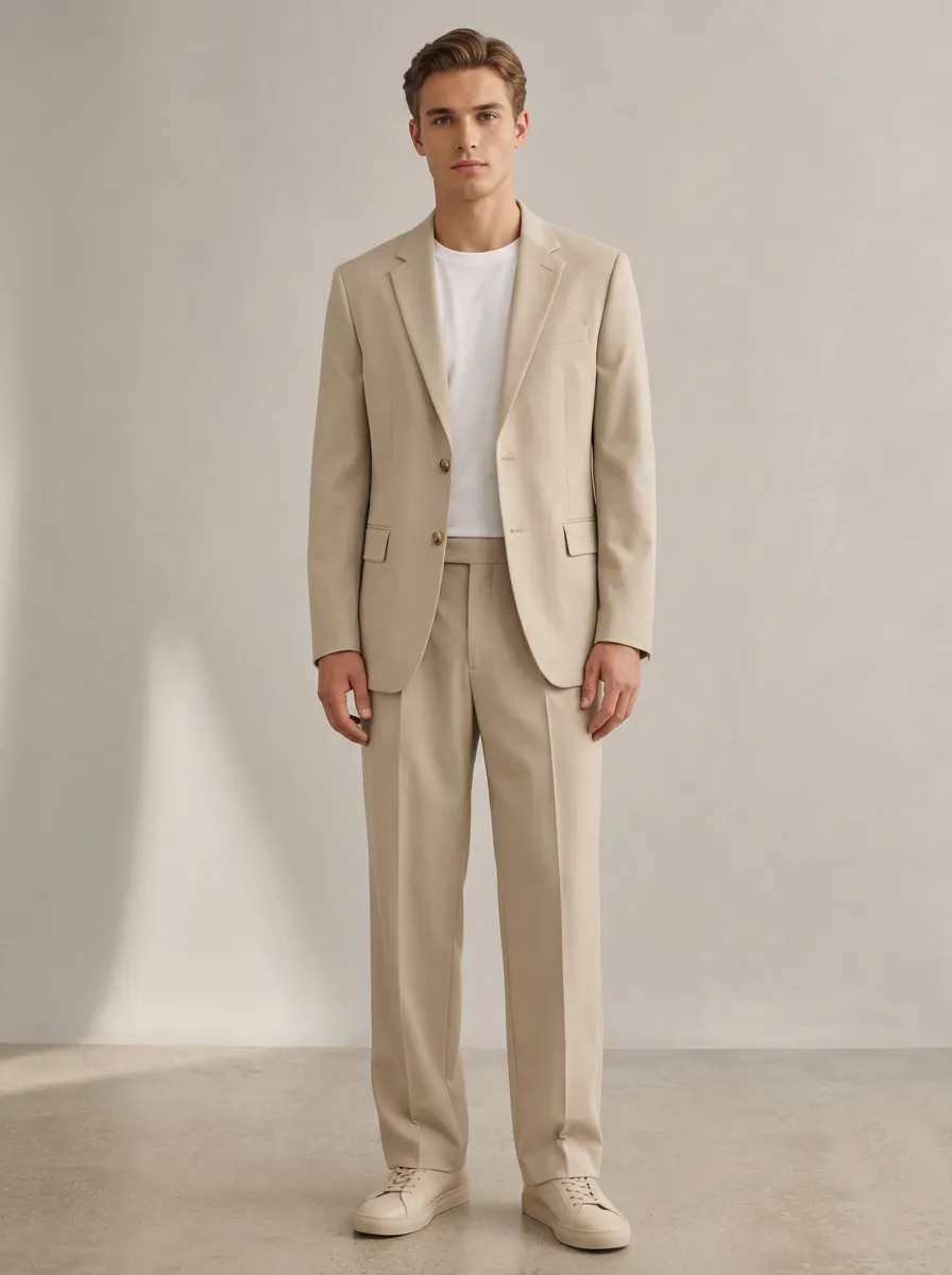 Men's Casual Beige Solid Color Tailored Suit Set