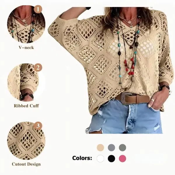 Women's Bohemian-Inspired Beige Crochet Top with V-Neck