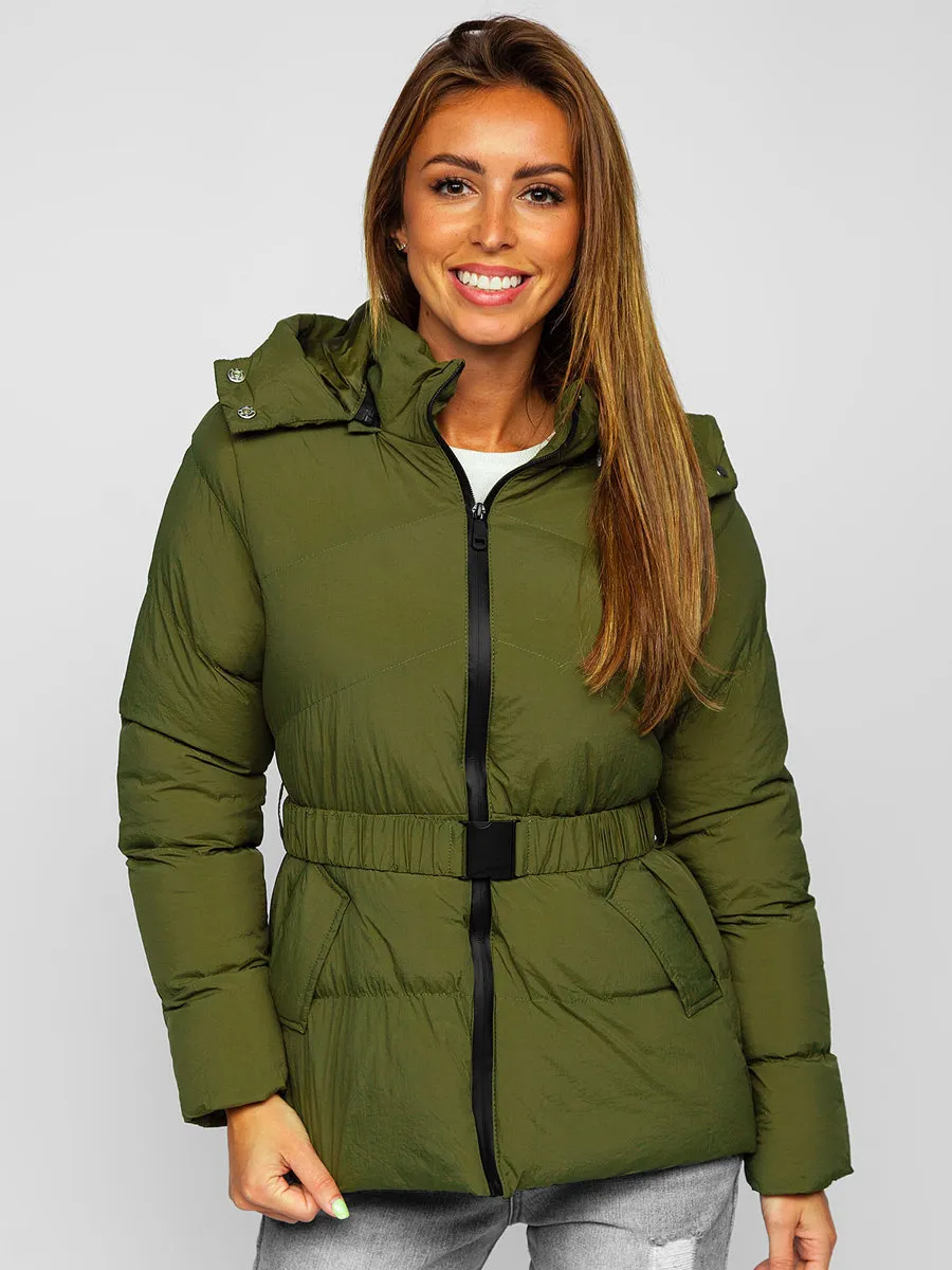 Khaki women's quilted winter jacket with hood