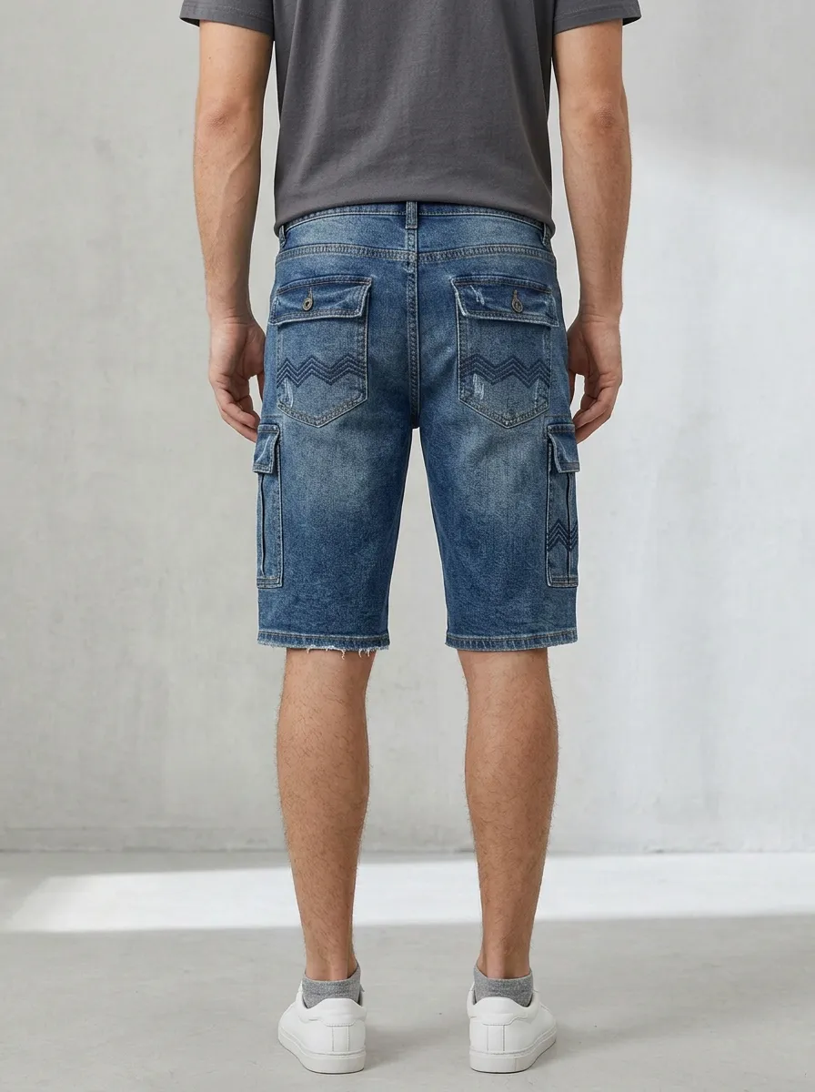 Storage-Ready Embroidered Distressed Daily Wear Men's Distressed Raw Hem Denim Shorts