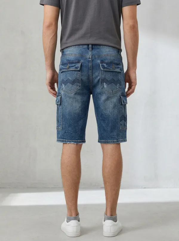 Storage-Ready Embroidered Distressed Daily Wear Men's Distressed Raw Hem Denim Shorts
