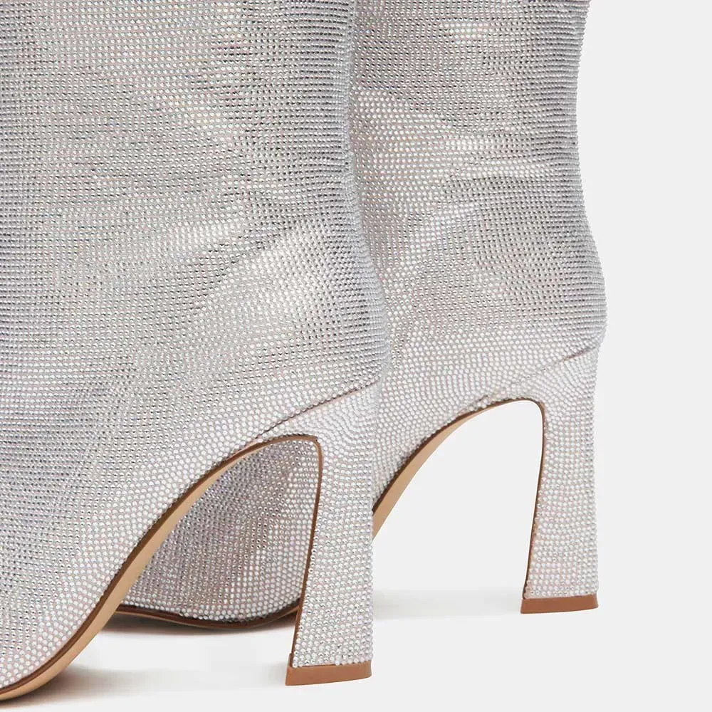 Faux-Leather Rhinestone Pointed-Toe Platform Knee-High Boots