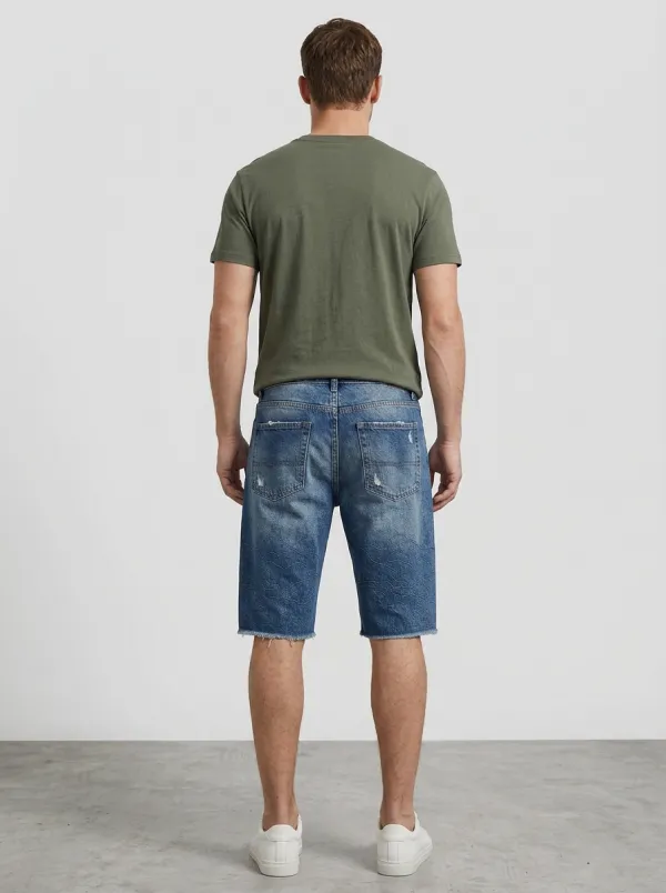 Men's Patchwork Distressed Raw Hem Distressed Denim Shorts