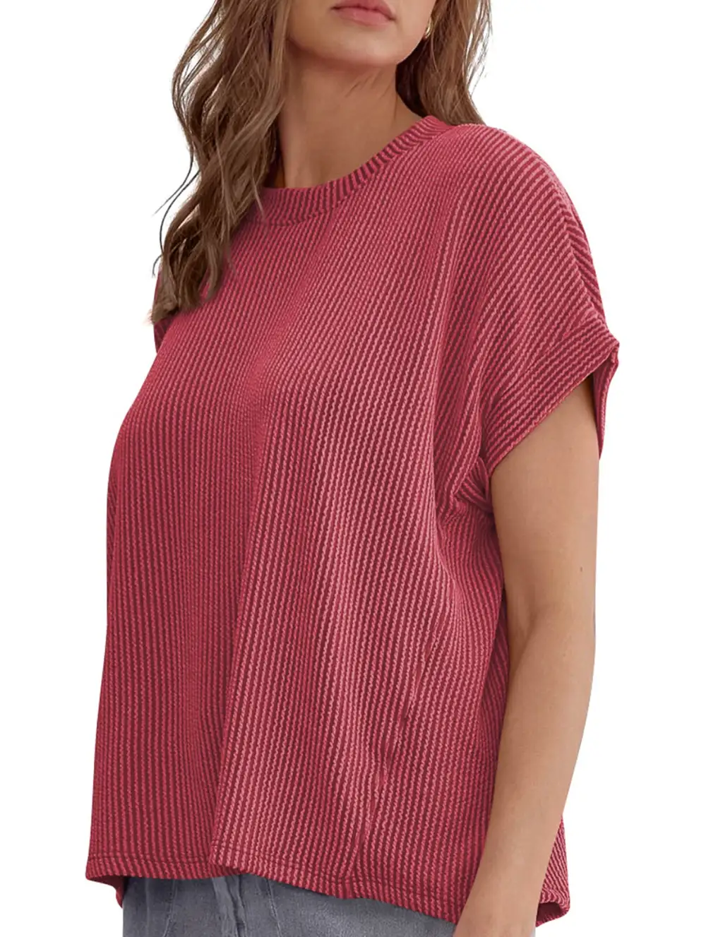 Ribbed Knit Crew Neck Tee