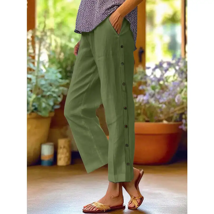 Full Size Side Decor Button Casual Wide Leg Pants Plus Size