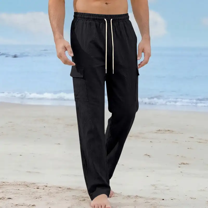 Men's Loose Linen Cargo Pants Waistband Pockets