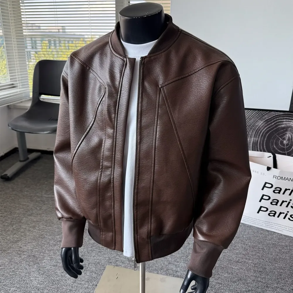 Men's solid color sporty windproof leather jacket