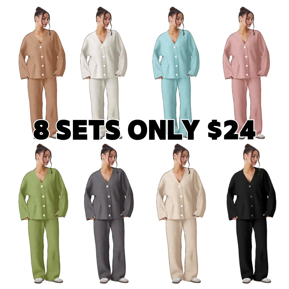 Women's Slouchy Solid Color V-Neck Button-Up Long Sleeve Cardigan & Stretch Loose Trousers Co-ord, Minimalist Two Piece Outfits, Cozy Womenswear