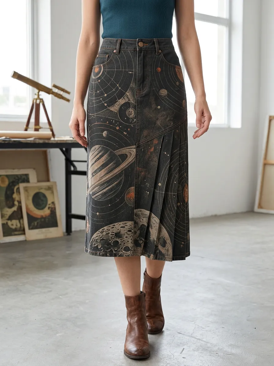 Women's Contemporary Celestial Print Denim Midi Skirt