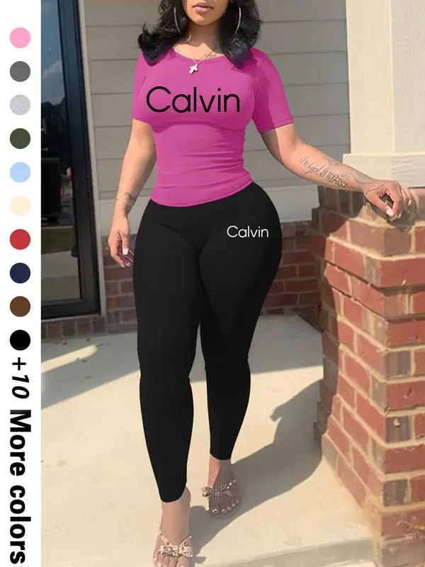 Calvin Letter Printing Women’s Casual Two-Piece Set Trendy Crop Top & Shorts | Lightweight Fabric | Effortless Summer Comfort