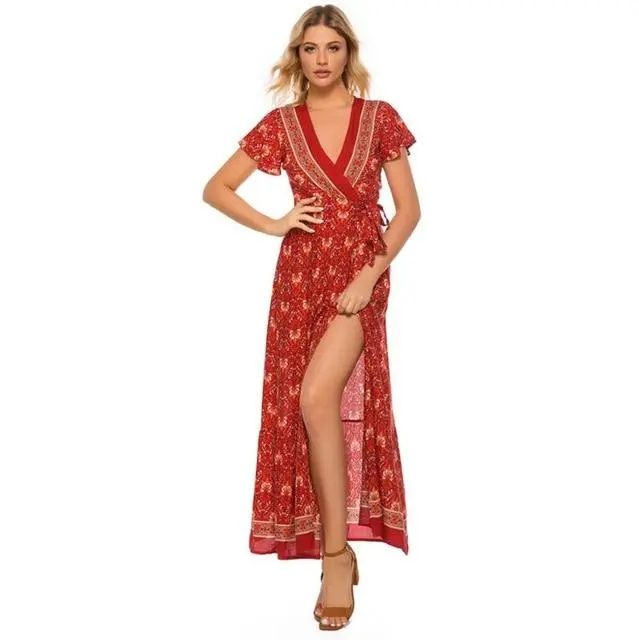 Short Sleeve Boho Floral High Split Maxi Dress