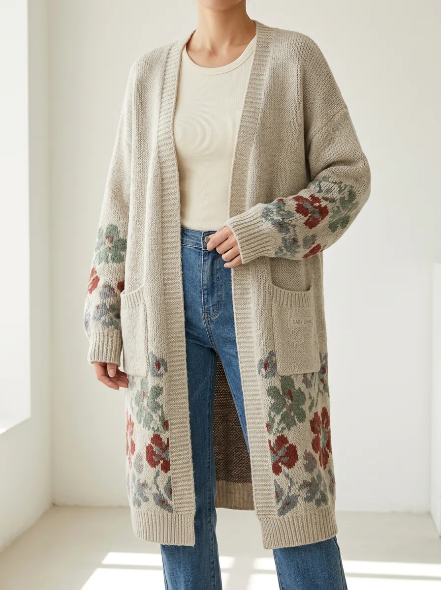 Women's Vintage Floral Pattern Print Long Knit Cardigan
