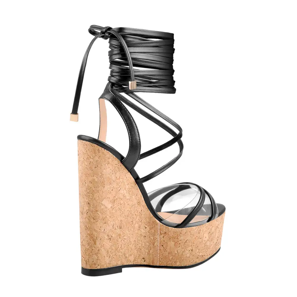 Lace Up Wood Platform Wedge Open Toe Sandals