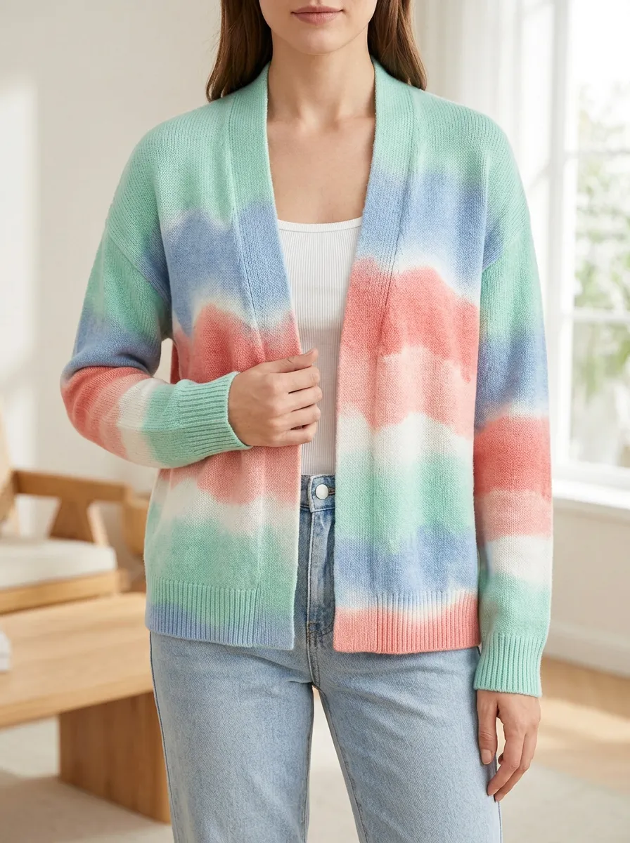 Women's Pastel Tie-Dye Pattern Printed Long Sleeve Relaxed Style Cardigan