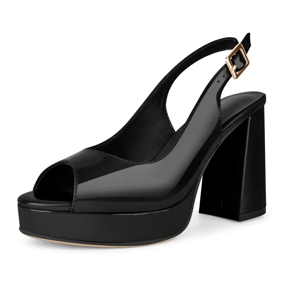 Patent Finish Peep Toe Platform Chunky Heel Slingback Pumps