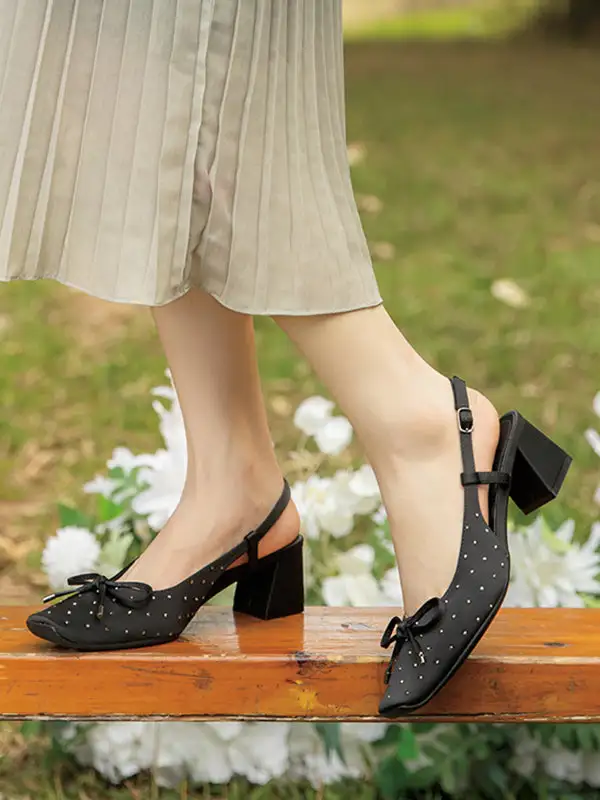 Buckle Rhinestone Panel Detail Square-Toe Slingback Heeled Sandals