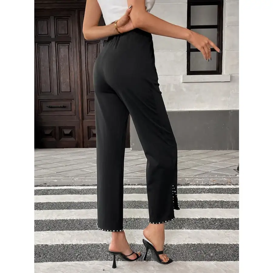 Pearl Embellished Cropped Wide Leg Pants