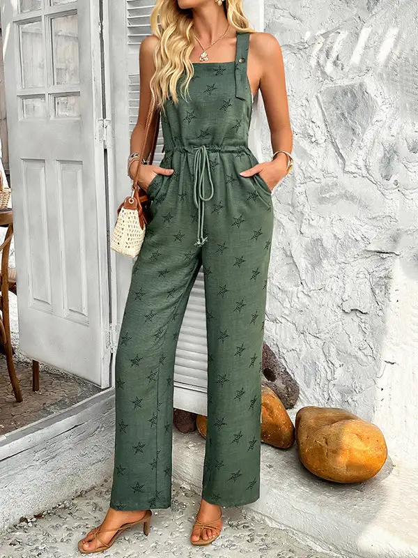 Mouwloze Jumpsuits Met Trekkoord Knoopsluiting En Bedrukte Spaghetti
