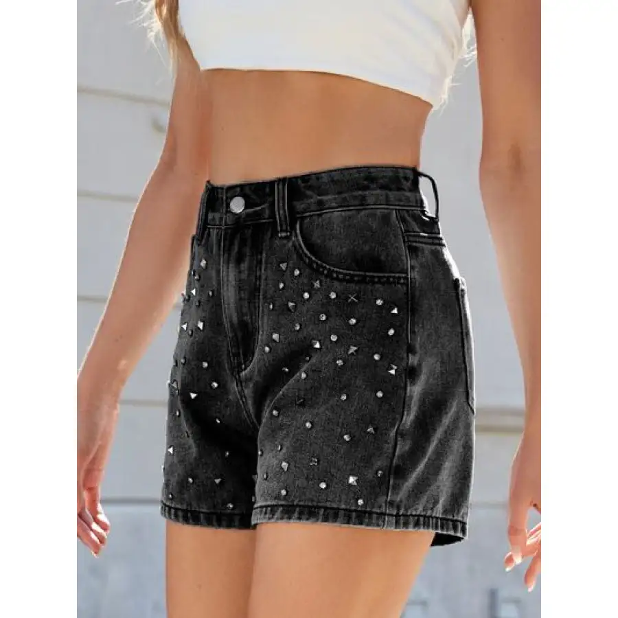 Rhinestone Washed High Waist Denim Shorts