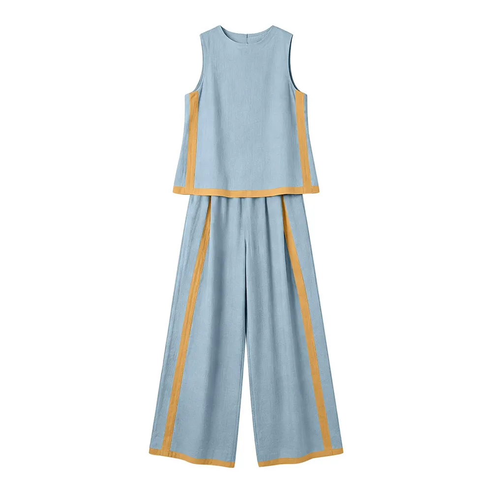 Linen Blend 2-Piece Set for Women Sleeveless Color Block Top Wide Leg Pants Set