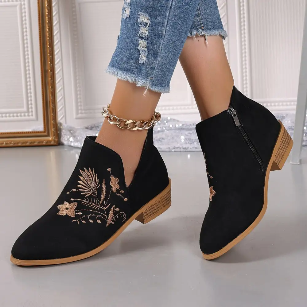 Embroidered Suede Pointed Toe Block Heel Boots