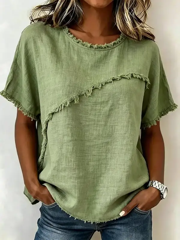 Relaxed Short Sleeve Fringed Panel Detail Round Neck T-Shirt
