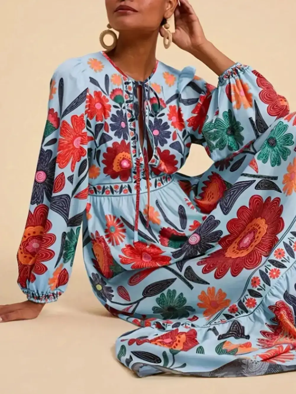 Floral Tie Waist Long Sleeve Dress Casual