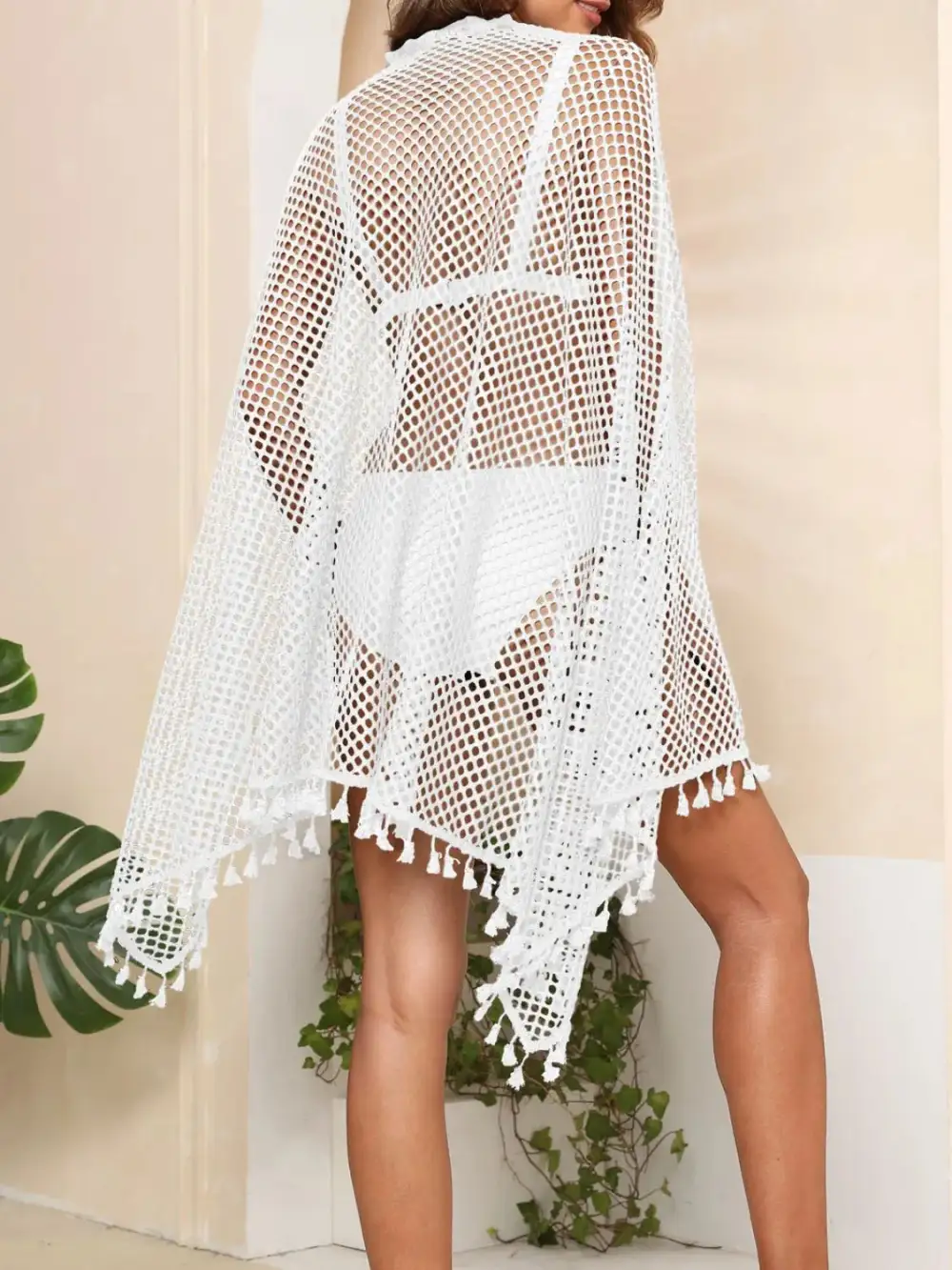 Tassel Openwork Open Front Swim Cover Up