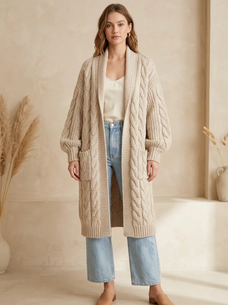 Women's Cable-Knit Open-Front Long Cardigan Longline
