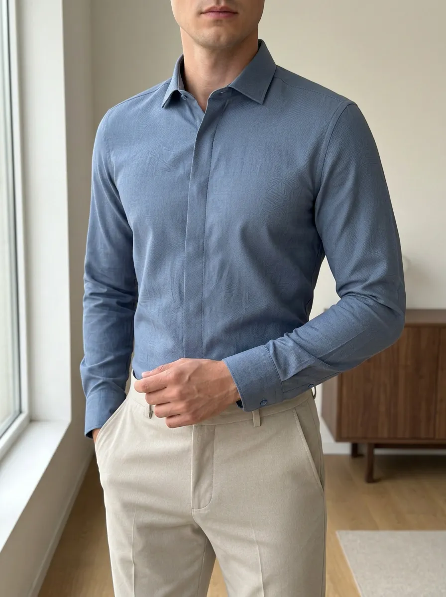 Men's Casual Business Blue Textured Pattern Slim Fit Shirt