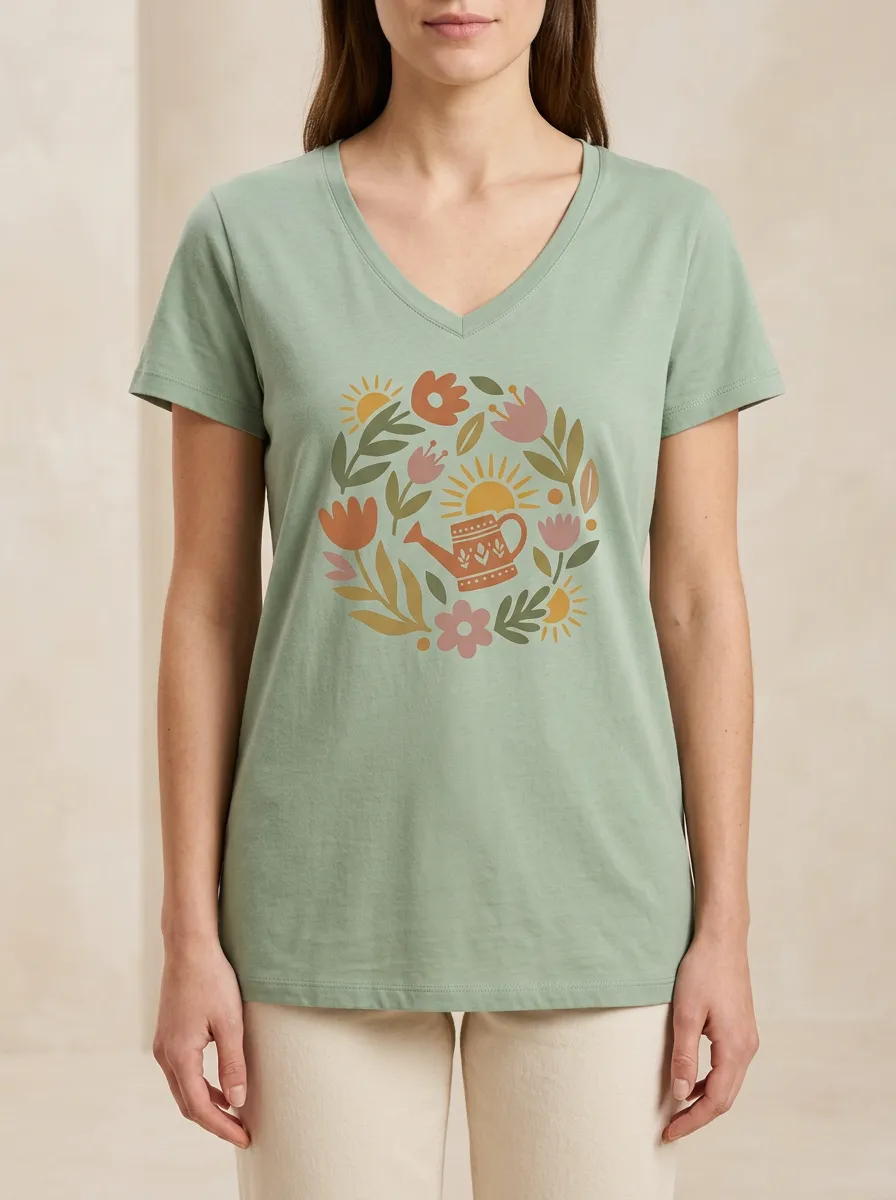 Women's Gardening Watering Can Floral Sun Print T-Shirt