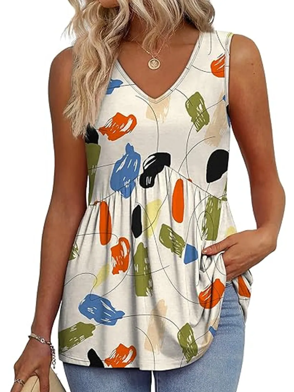 Womens Tank Tops 2025 Flowy Peplum Tops For Women Dressy Sleeveless V Neck Babydoll Tank Tops