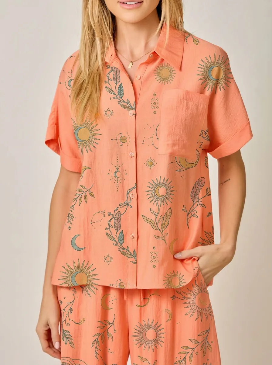 Women's Celestial Boho Sun Moon Botanical Printed Shirt