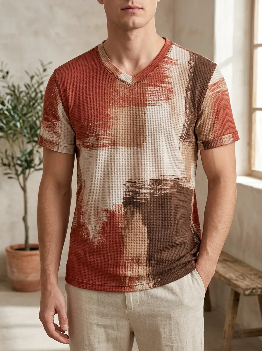 Men's Layered Abstract Brushstroke Waffle Knit V-Neck T-Shirt
