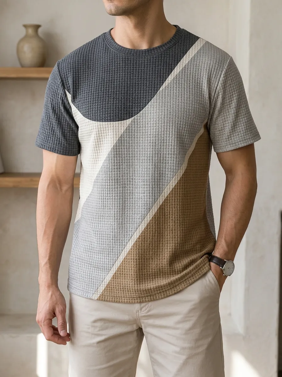 Men's Color Block Waffle Knit Geometric Pattern Crew Neck T-Shirt