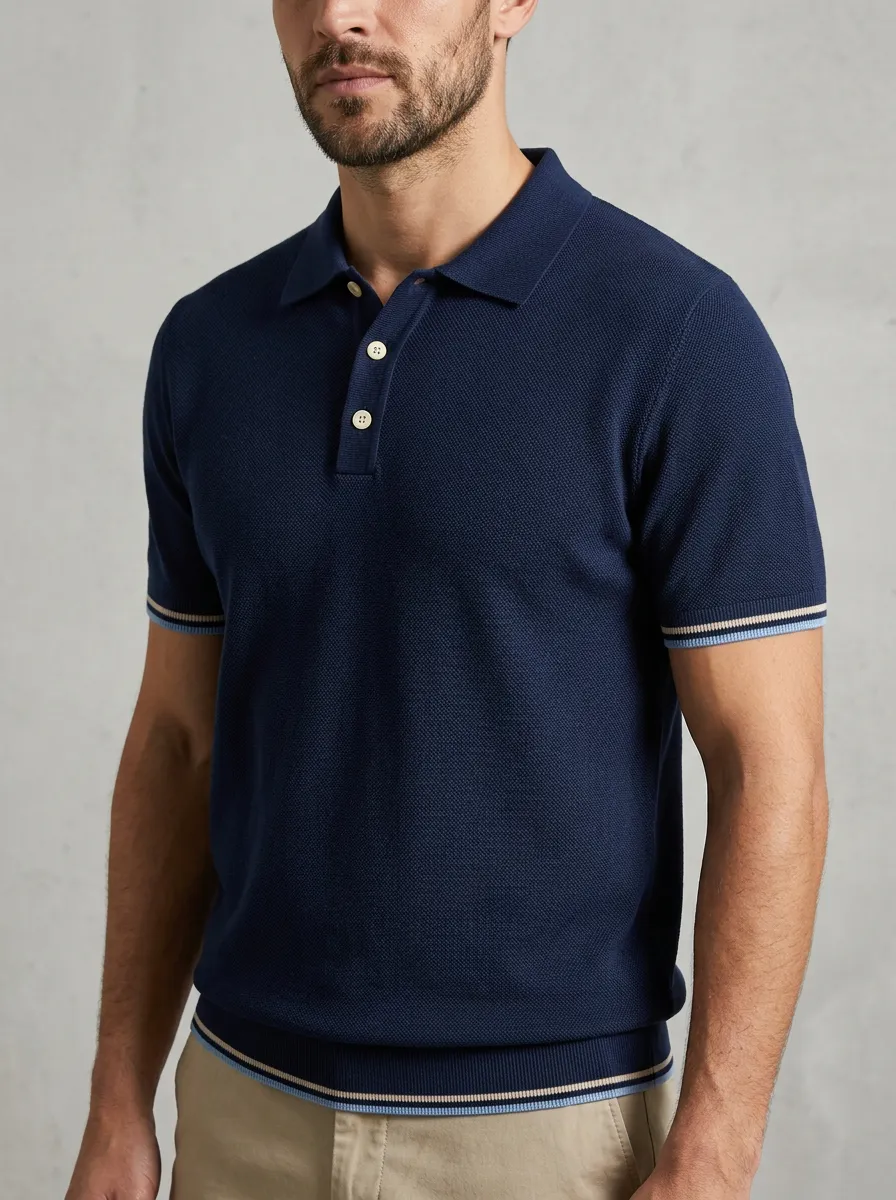 Men's Navy Blue Textured Knit Striped Trim Polo Shirt