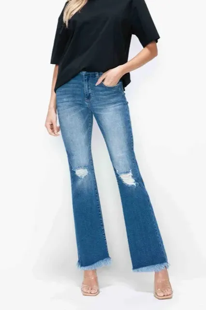 Raw Hem Distressed High Rise Bootcut Jeans